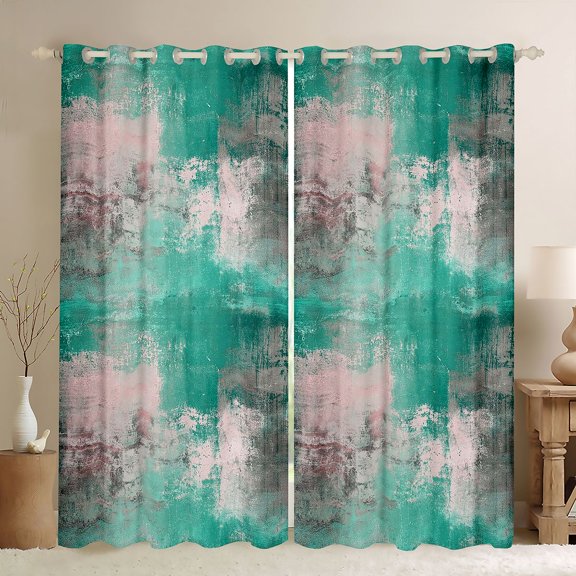 Homewish Green Abstract Plaid Kitchen Curtains,Aesthetic Art Black Out Curtains Pack of 2 (42x63 Each)
