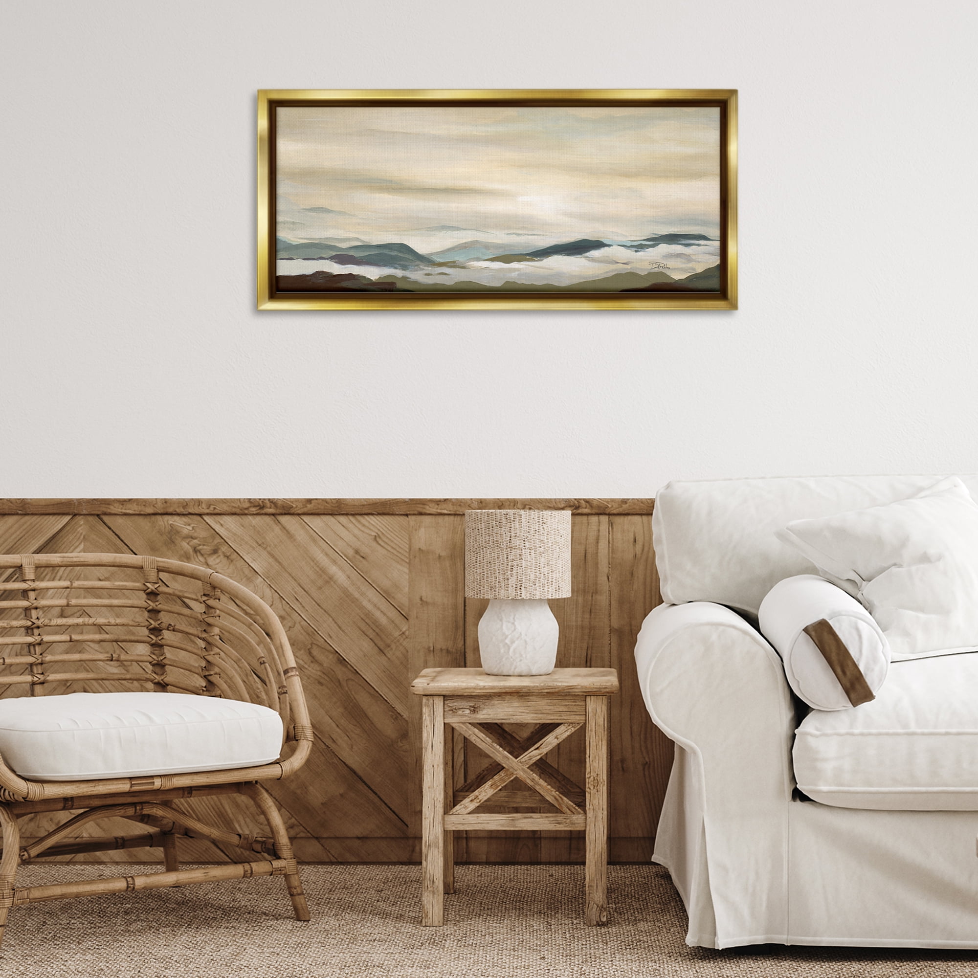 Stupell Industries Solemn Mountains Peeking Landscape Painting Gold Floater Framed Canvas Art Print Wall Art, 31 x 14