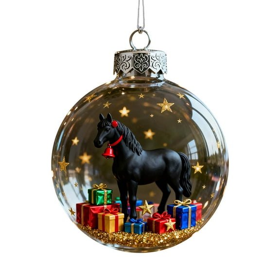 Christmas Horse Glass Ornament, Clear Glass Christmas Year of the Horse Ornament for Room and Tree Decor, Hand Blown Animal 3D Christmas Hanging Ornament, Horse Lover Riders Gifts Ornaments, Black