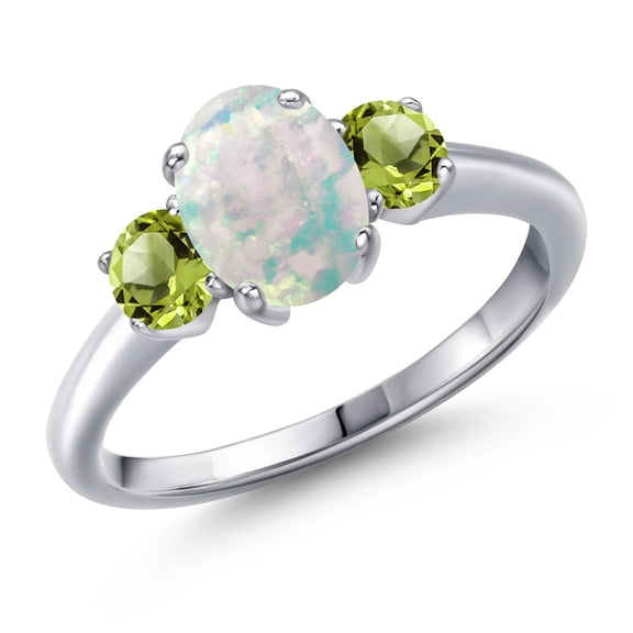 Gem Stone King 1.60 Ct Oval Cabochon White Simulated Opal Green Peridot 925 Sterling Silver Ring (Size 9)