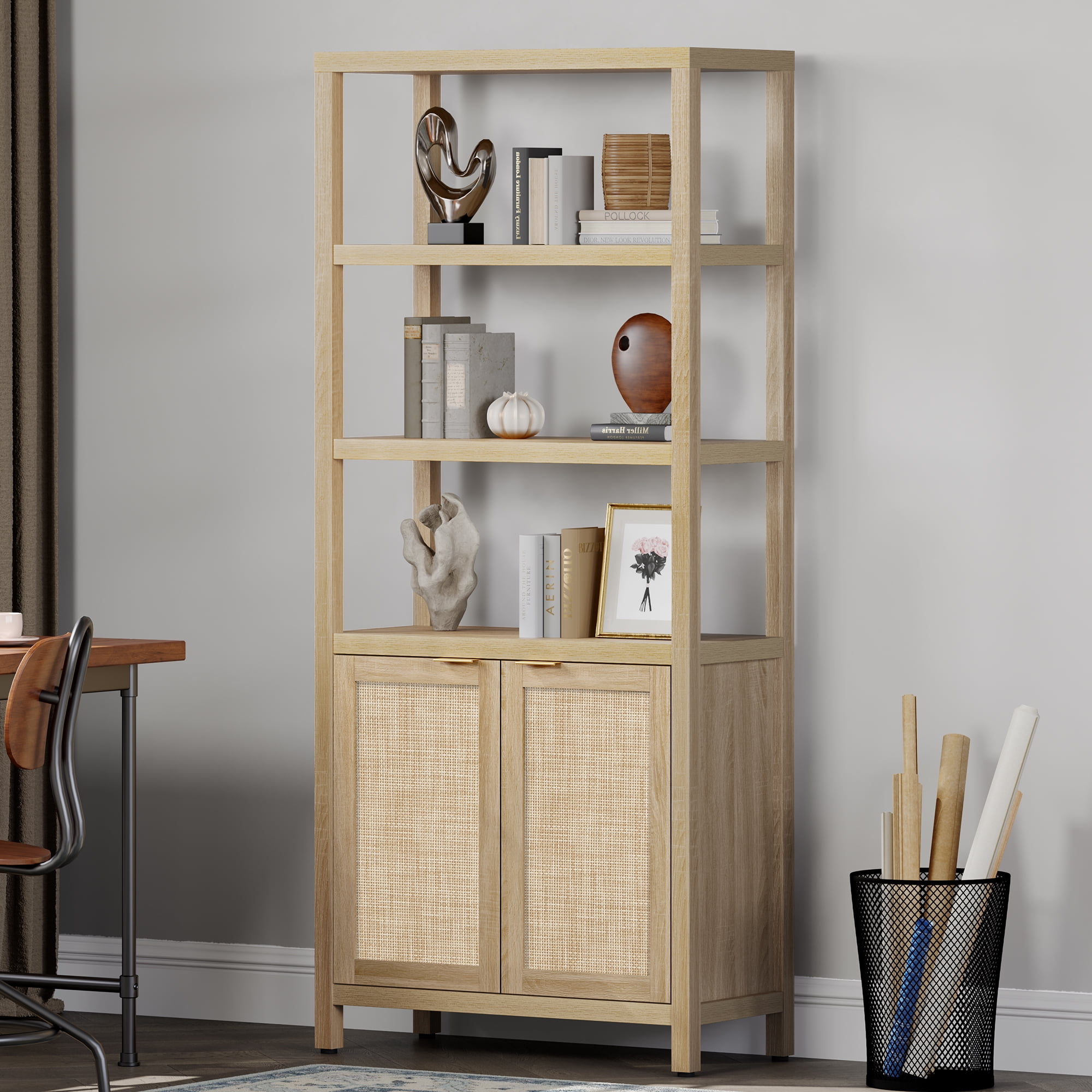 SICOTAS 71" Tall Bookcase with Doors, Boho 5 Tier Rattan Bookshelf Set of 3, Mid-Century Bookcase with Storage Cabinet for Living Room, Bedroom, Library & Home Office in Light Oak