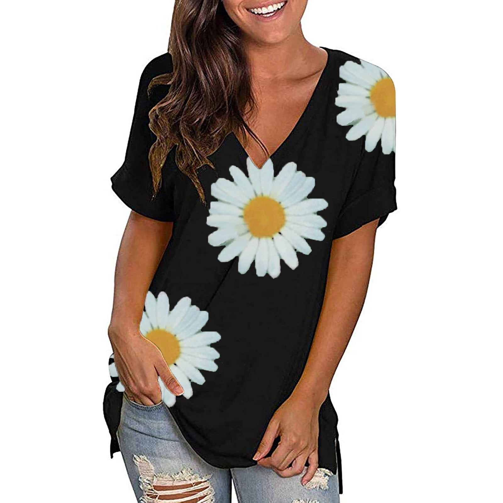Womens Loose Tee Holiday Shirt Ladies Blouse Daisy Short Sleeve Pullover Tops 