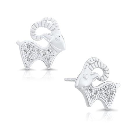 Tilo Jewelry 925 Sterling Silver Goat Stud Earrings with Cubic Zirconia CZ Stones | Secure Push-Backs | Women & Unisex