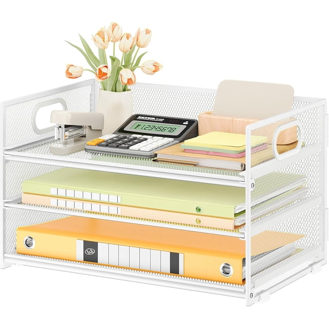Letter Tray Paper Organizer with Handle Sliding Tray Metal Mesh Desk File Folder Paper Sorter Organizer for Home Office School Desk Supplies Organization
