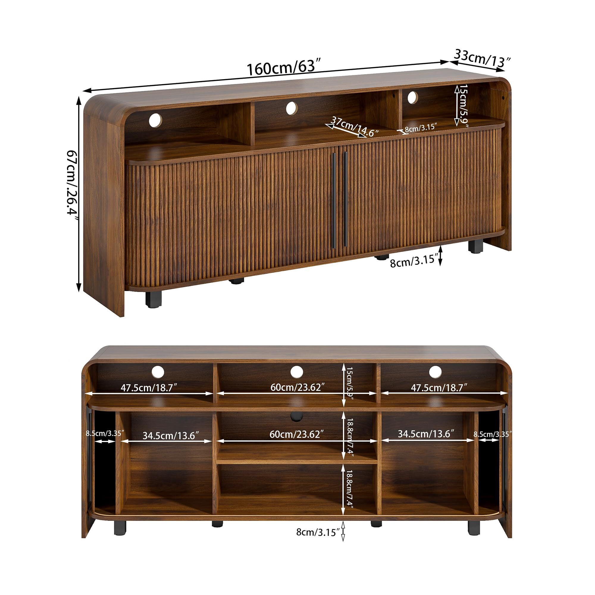 Walnut TV Stand for 65-75" TV, 63" Fluted Mid Century Modern Console with Sliding Doors, Storage, Adjustable Shelves