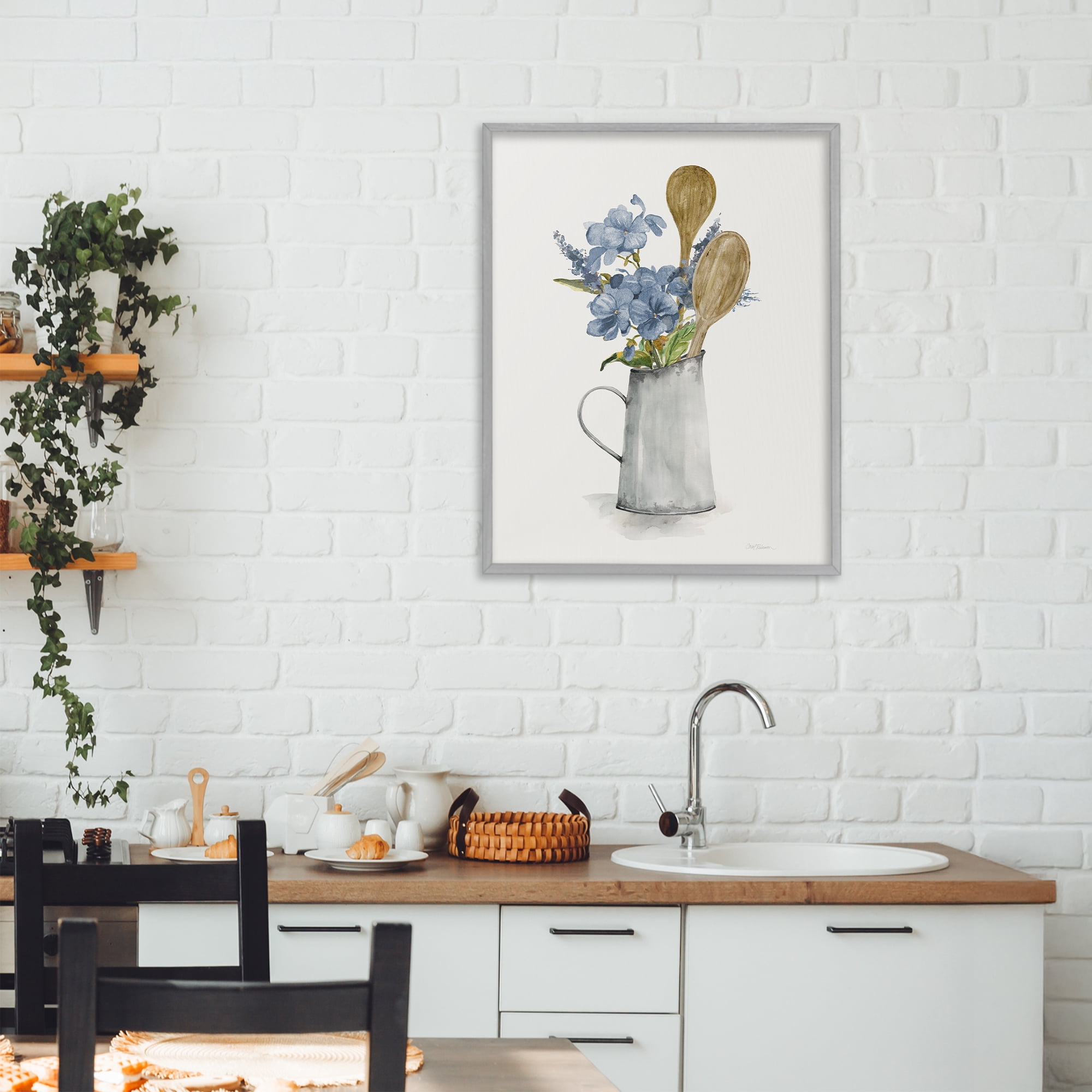Stupell Industries Kitchen Spoons & Blue Blooms Gray Framed Giclee Art, design by Carol Robinson