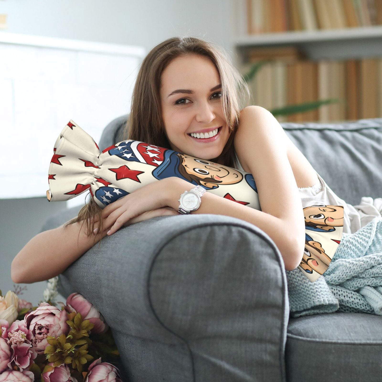 Candy Throw Pillow Travel Cervical Pillow Cylindrical Neck Body Cushion With Insert For Bed Couch Home Decor 9.8x24.4in Independence Day Theme Elements Star (2)