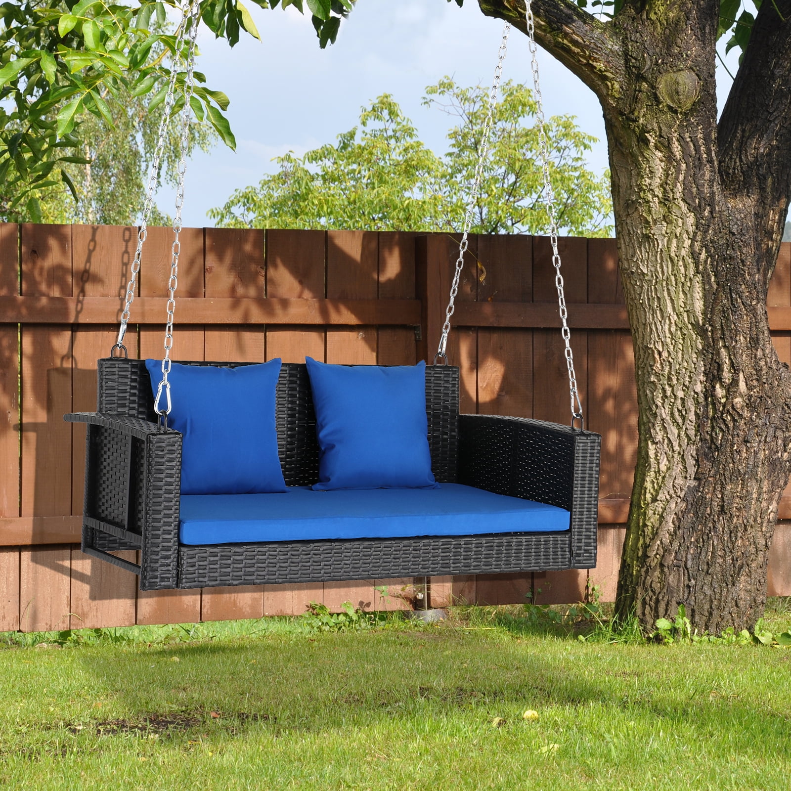 SamyoHome Garden Swing Rattan Wicker Hanging Swing Bench w/ Blue