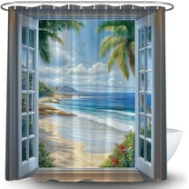 Ocean Beach Scenery Shower Curtain Tropical Palm Tree Sea Wooden Windows Blue Sky Sunrise Nature Seaside Hawaiian Coastal Bath Curtains with Hook,72x72 Inch