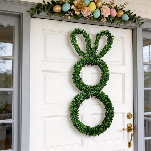Easter Rabbit Shaped Green Leaf Wreath, Artificial Boxwood Topiary Door Hanging Decor for Front Door, Indoor Outdoor Spring Holiday Decoration, 13" x 29.5"