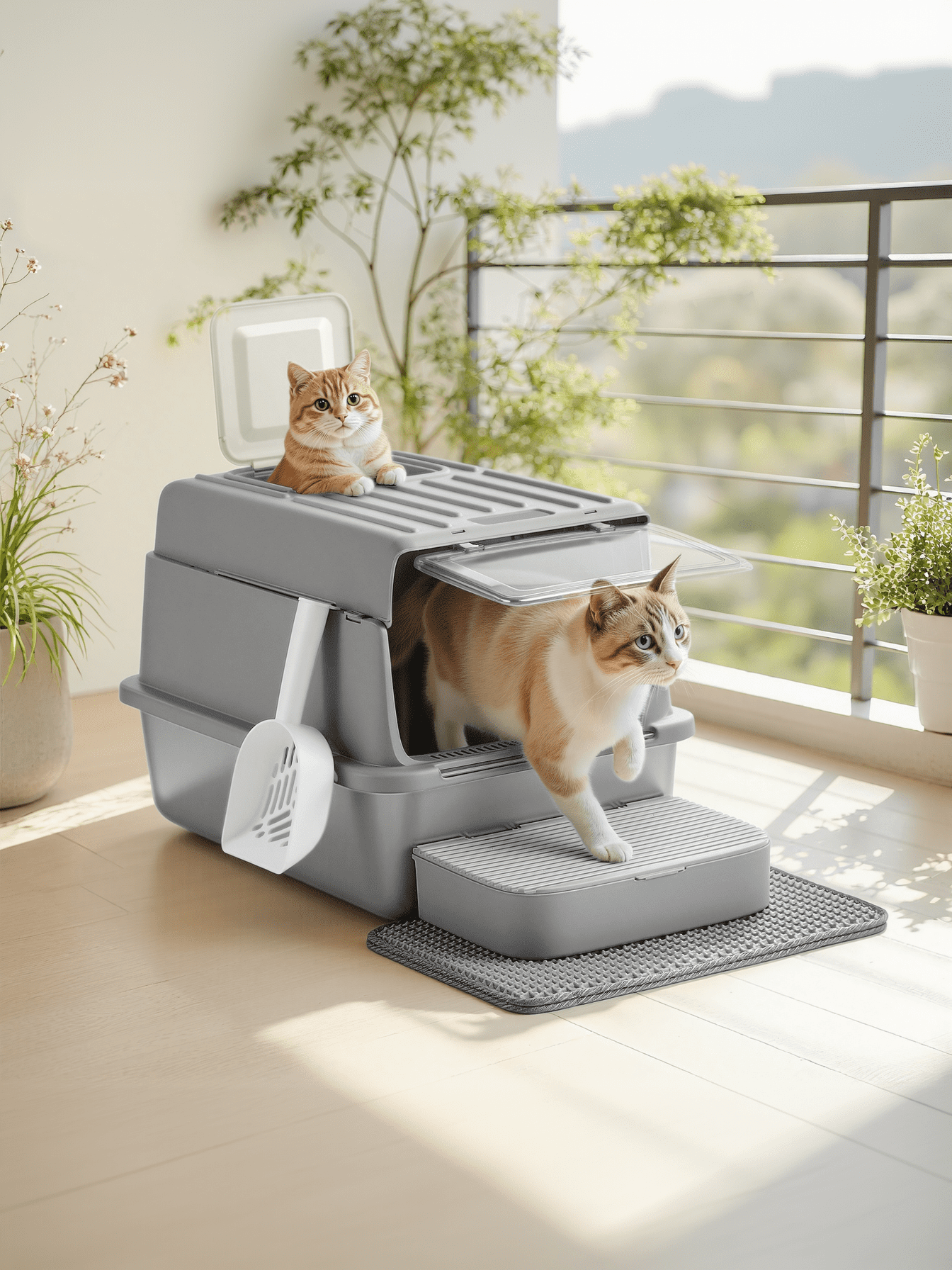 LEDREM Stainless Steel Cat Litter Box with Flip Lid and Litter Catcher, 2-Door Enclosed Litter Box for Cats up to 33 lb, Dove Gray