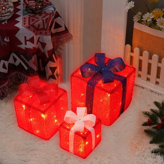 Christmas Lighted Gift Boxes,Lighted Gift Boxed Christmas Decorations,Light Up Gift Box,Christmas Lighted Boxes Remote Control Set Of 3,LED Outdoor Christmas Boxes Present Decorations Outdoor Yard