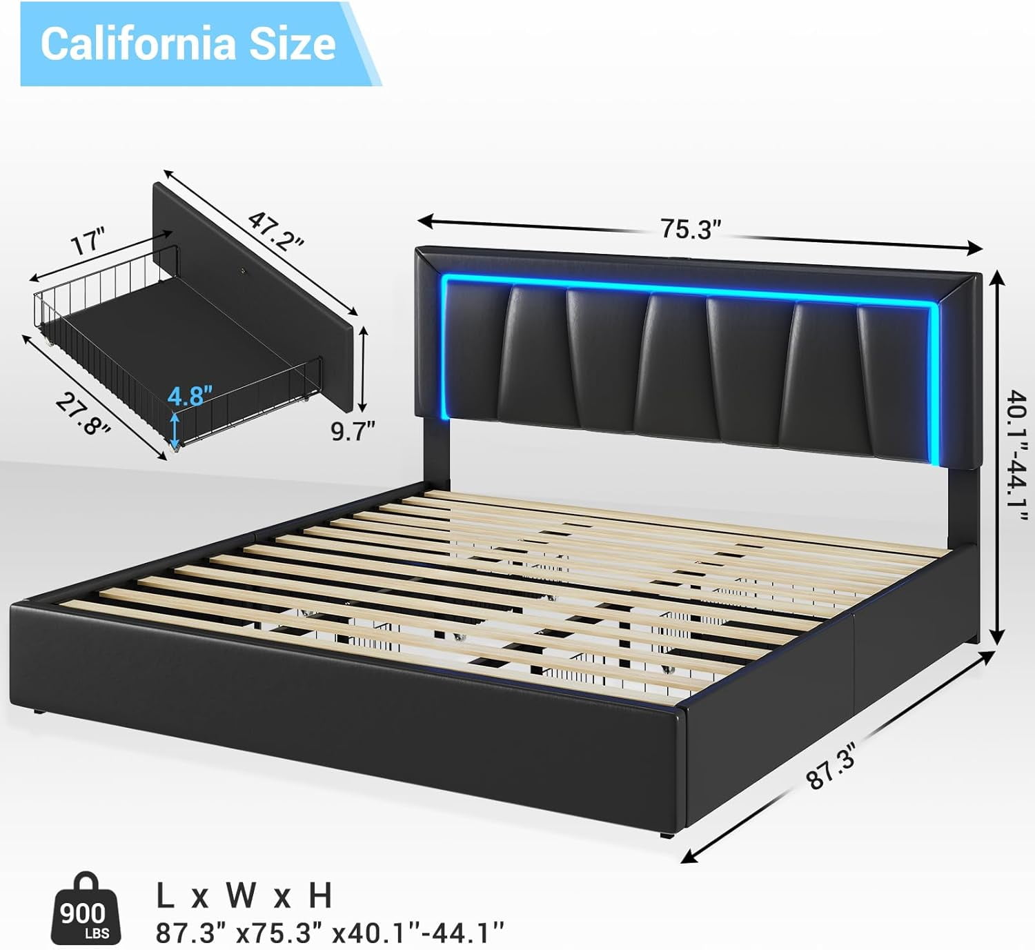 Aunfebrco LED Bed Frame California King Upholstered Platform Bed Frame with 4 Drawers&LED Lights&USB Ports, Cali King Storage Bed for Bedroom, No Box Spring Needed, Black