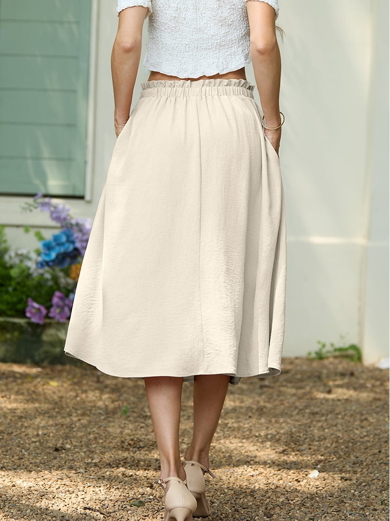 Jwd Women's Skirts Flowy Maxi Skirt Summer Long Midi Length Casual Skirt Elegant Cool Dress with Pockets Ivory White M