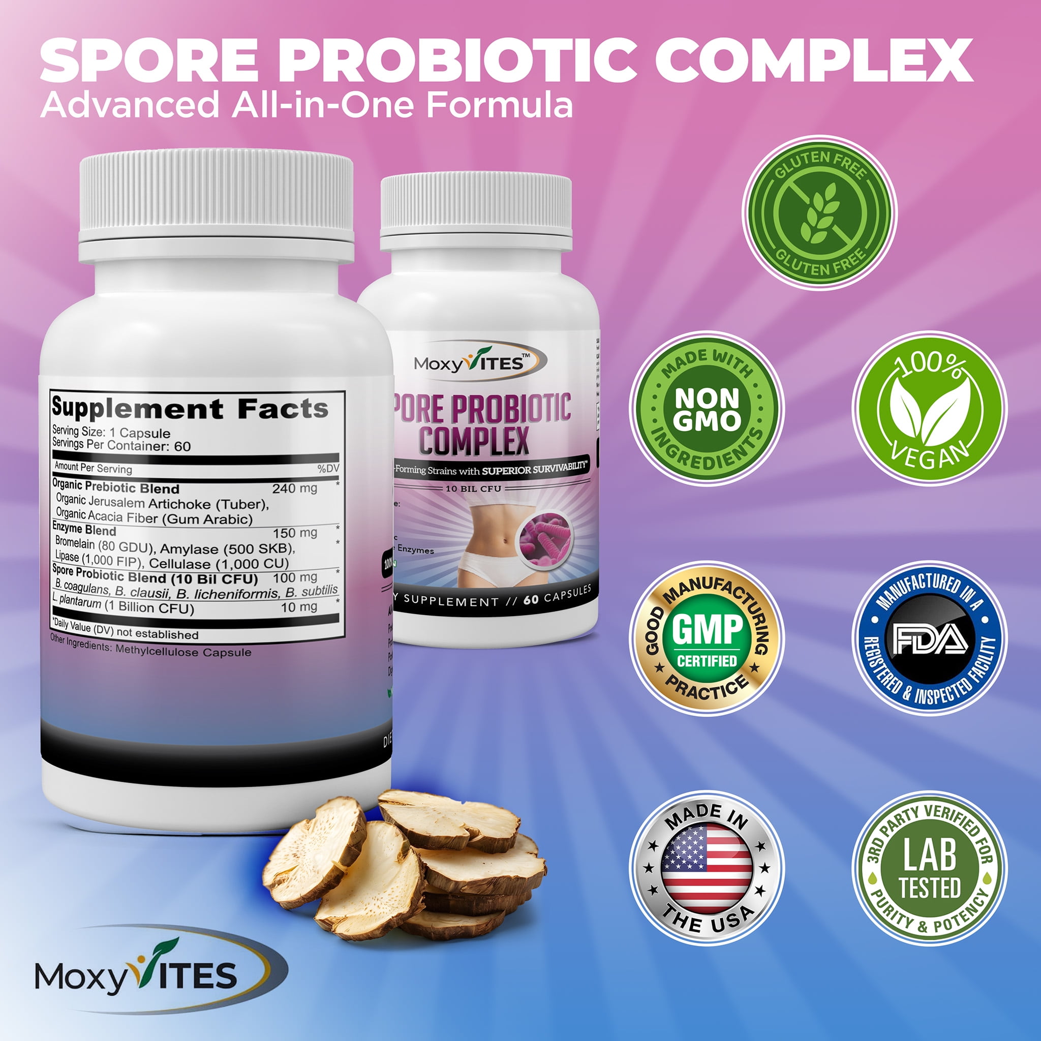 MoxyVites Spore Probiotic for Women and Men, Bacillus Coagulans Clausii, Digestive & Gut Health, 60 Capsules