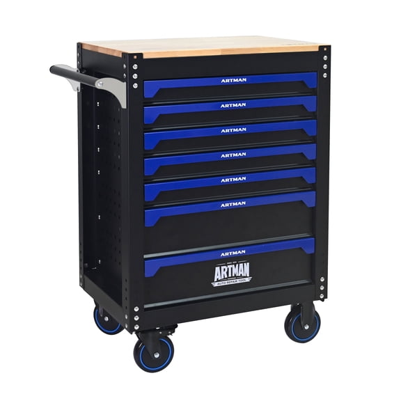 30" 7-Drawer Rolling Tool Cart, Heavy Duty Steel Tool Chest with Locking Wheels & Ball Bearing Drawers, Mobile Garage Organizer for Workshop,Black Blue   Brown