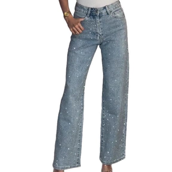 Women’s High-Waisted Rhinestone Washed Jeans, Full-Diamond Straight-Leg Denim Pants, Premium Fashion Long Pants, Slim Stretch Casual Streetwear for Daily & Night Out