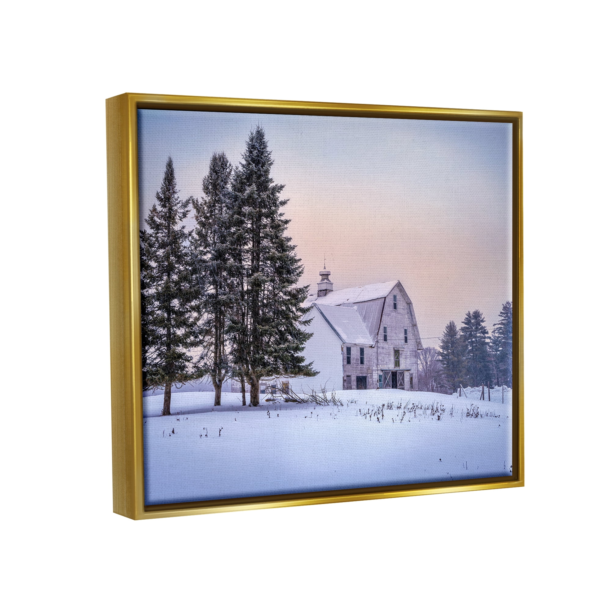 Stupell Industries Winter Farmhouse Snow Landscape Landscape Photography Gold Floater Framed Art Print Wall Art