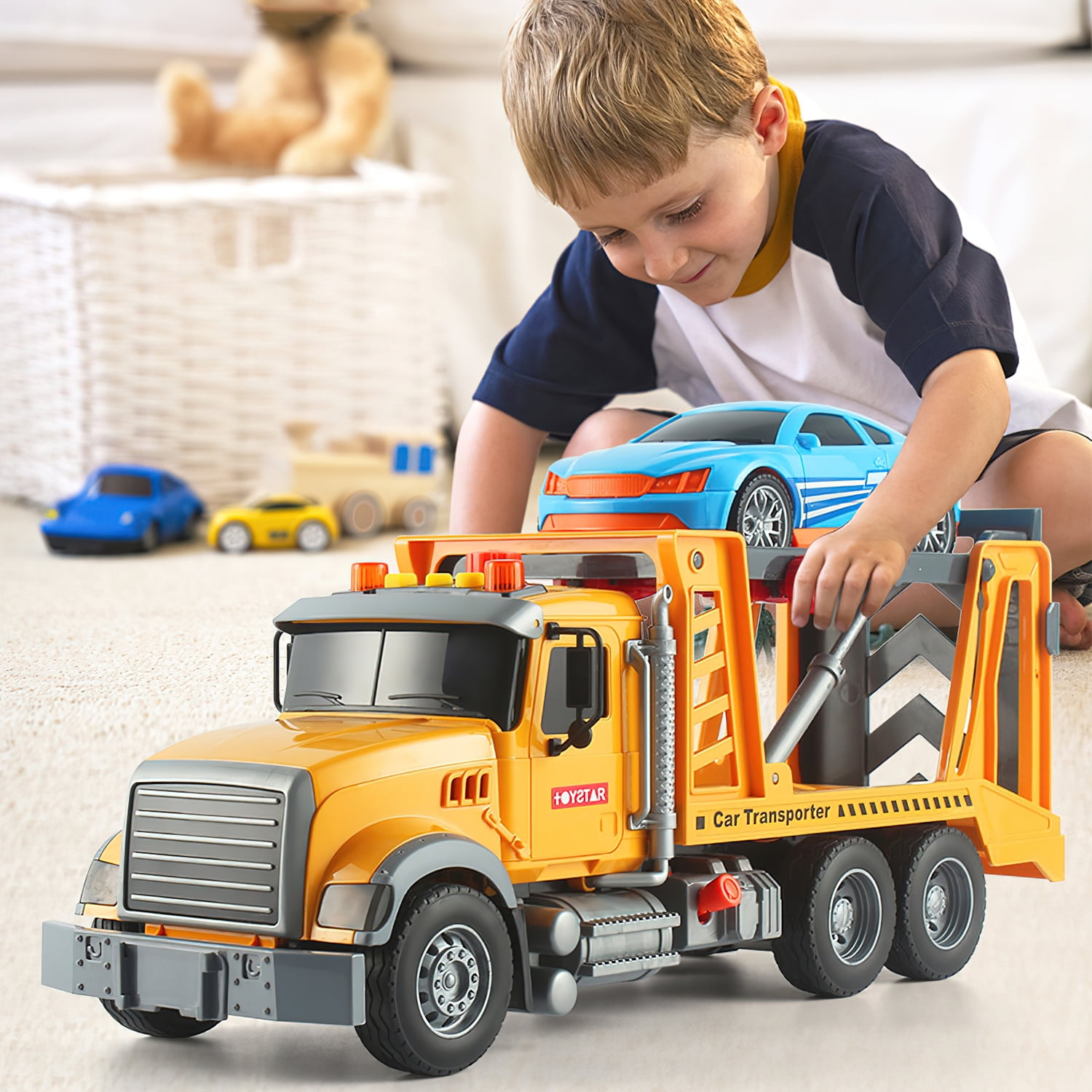 Kids City Carrier Truck with Car Toys, 15" Large Carrier Car Rescue Toy, Friction Powered Transport Rescue Truck Toy with Lights and Sounds, Play Vehicle Toys for Kids