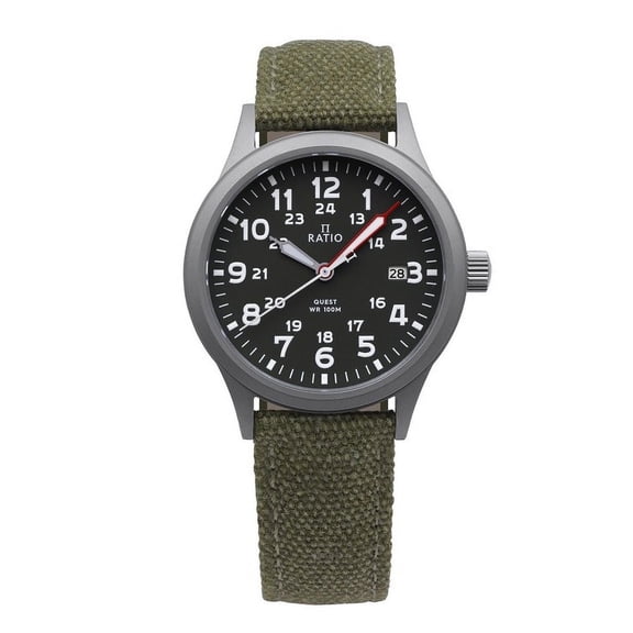 Ratio Quest Mens Field Watch Sapphire Canvas Strap Khaki Green Dial Quartz RTQ029 100M Lewis And Clark Edition