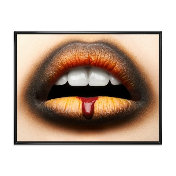 Designart 'Woman Lips With Black & Orange Lipstick' Modern Framed Canvas Wall Art Print