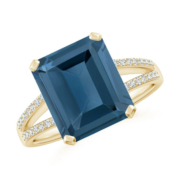 ANGARA Natural Emerald-Cut 5.6 ct London Blue Topaz Cocktail Ring in 14K Yellow Gold for Women (Size-11x9mm) | November Birthstone Jewelry for Women | London Blue Topaz Ring (Ring Size- 7.5)