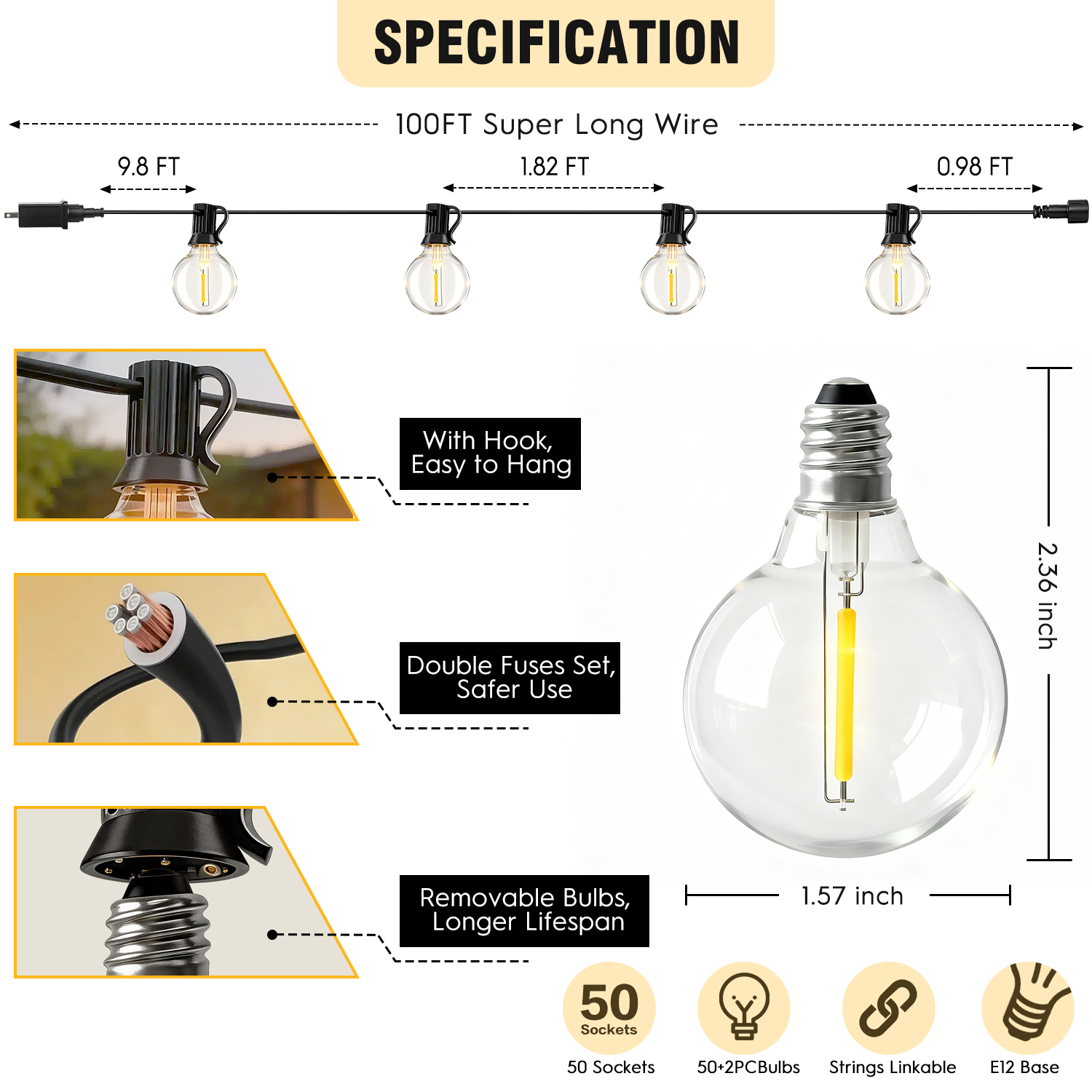 Mibote 100ft Outdoor String Lights With 50 G40 Bulbs photo 3
