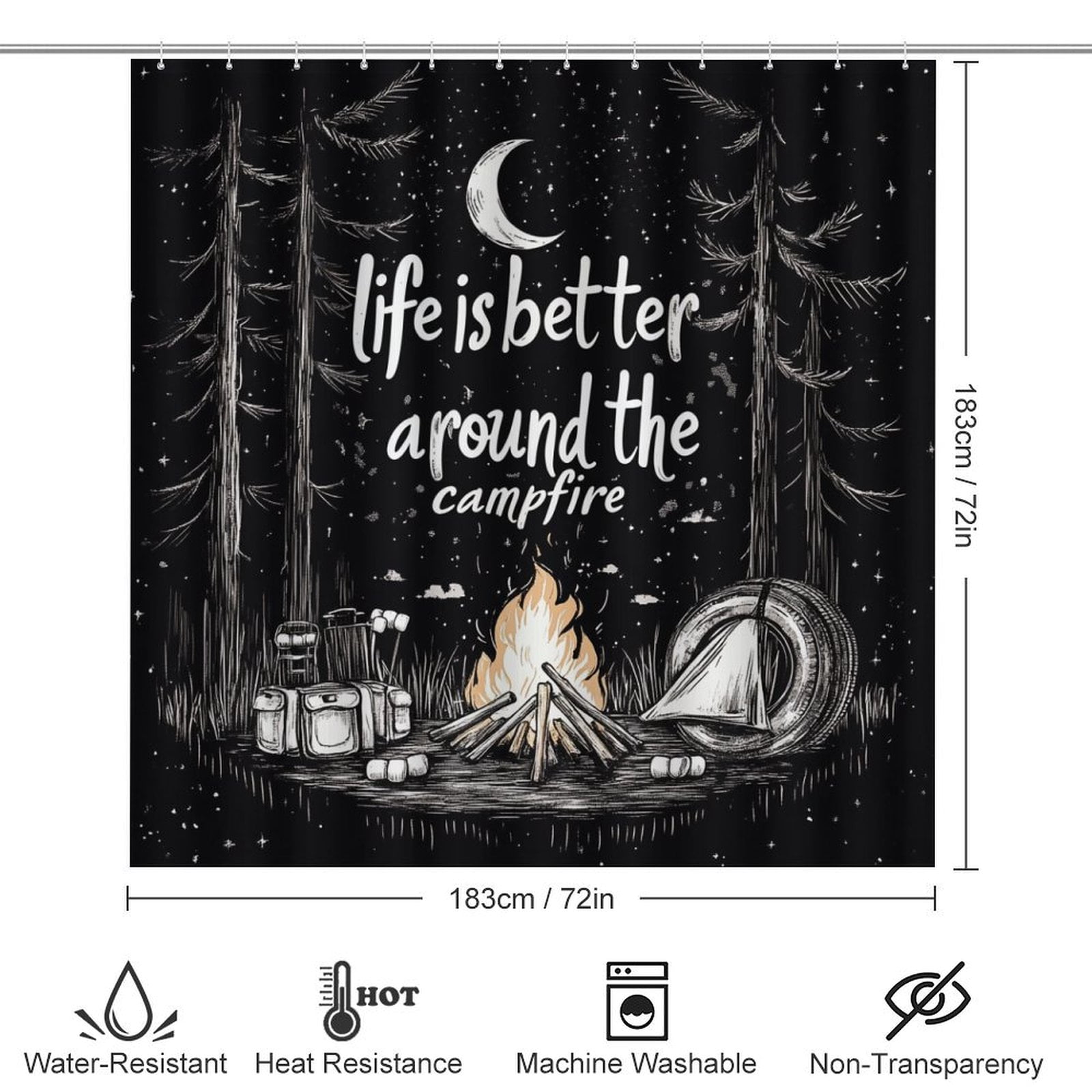 4 Piece Bathroom Rug Set with Shower Curtain Rug Toilet Lid Cover And Non-Slip U Shape Mat Life Is Better Around The Campfire Waterproof Fabric Bath Curtain Campfire Woodcut Adventure