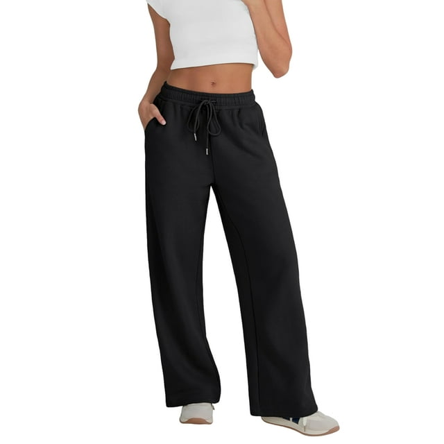 Womens Wide Leg Sweatpants High Waisted Baggy Lounge Pants Drawstring Flared Joggers with Pockets Black S