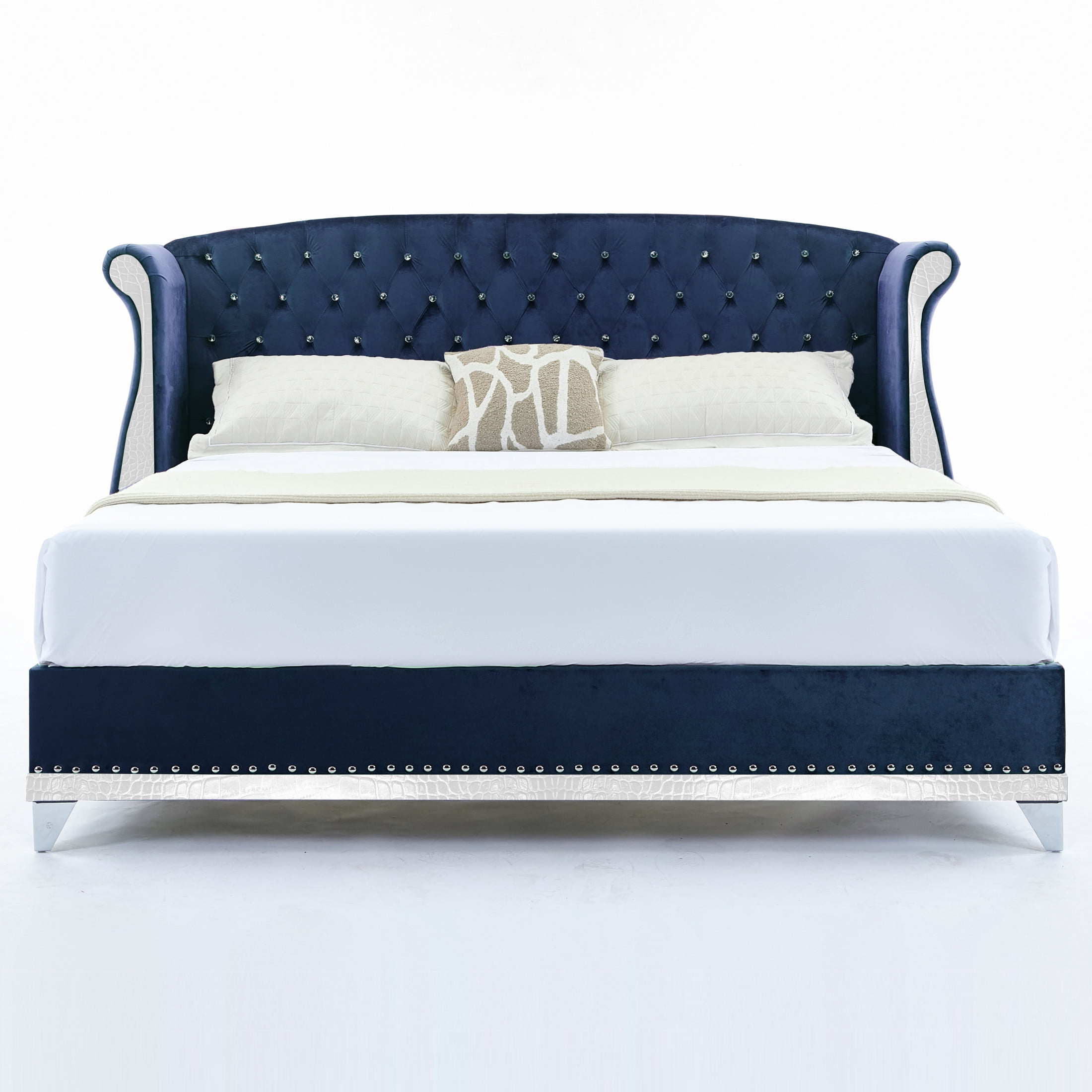 Christopher Knight Home King Velvet Platform Bed Frame with Nailhead Trim, Button-Tufted Wingback Headboard, Blue