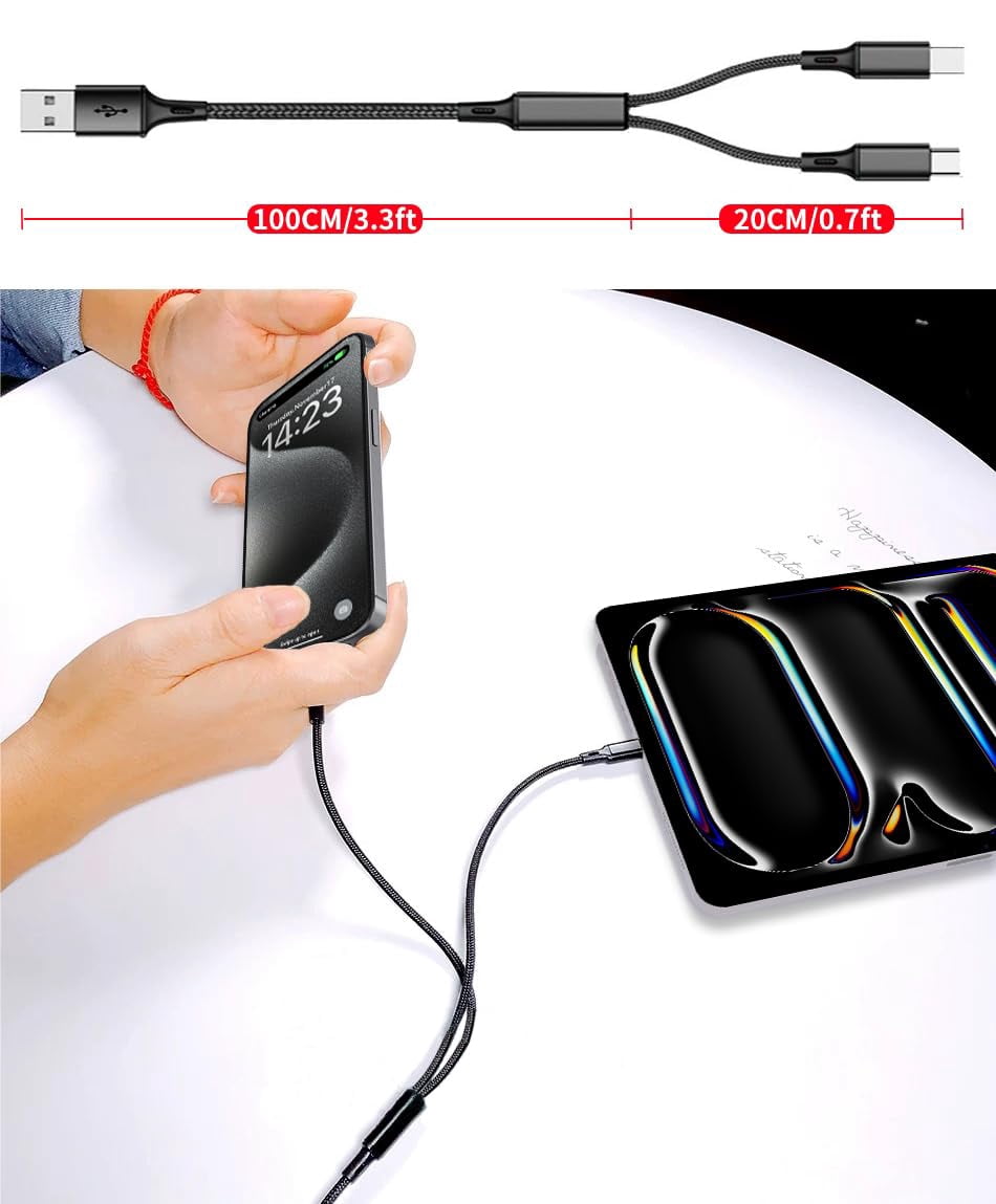HRTGFD-4FT Multiple Charger Cable, 2Pack, 2-in-1 USB C, USB A to Dual USB C Cord, Multi USB Type C Splitter Cable for iPhone 16/15 Pro Max, iPad Air/Pro, Galaxy S24, Google Pixel,Android,Car