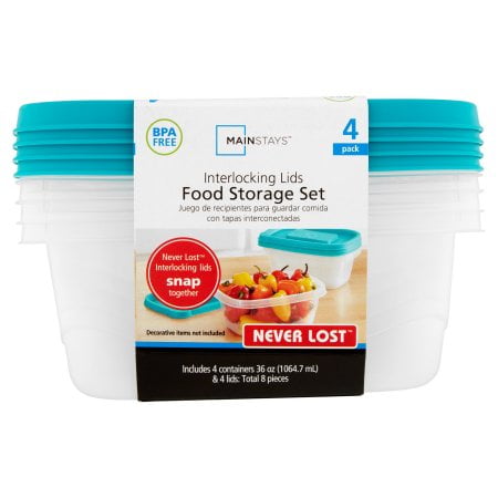 - (4 Pack) Mainstays Never Lost 4-Piece Rectangle Plastic Food Storage Set, Blue Atoll