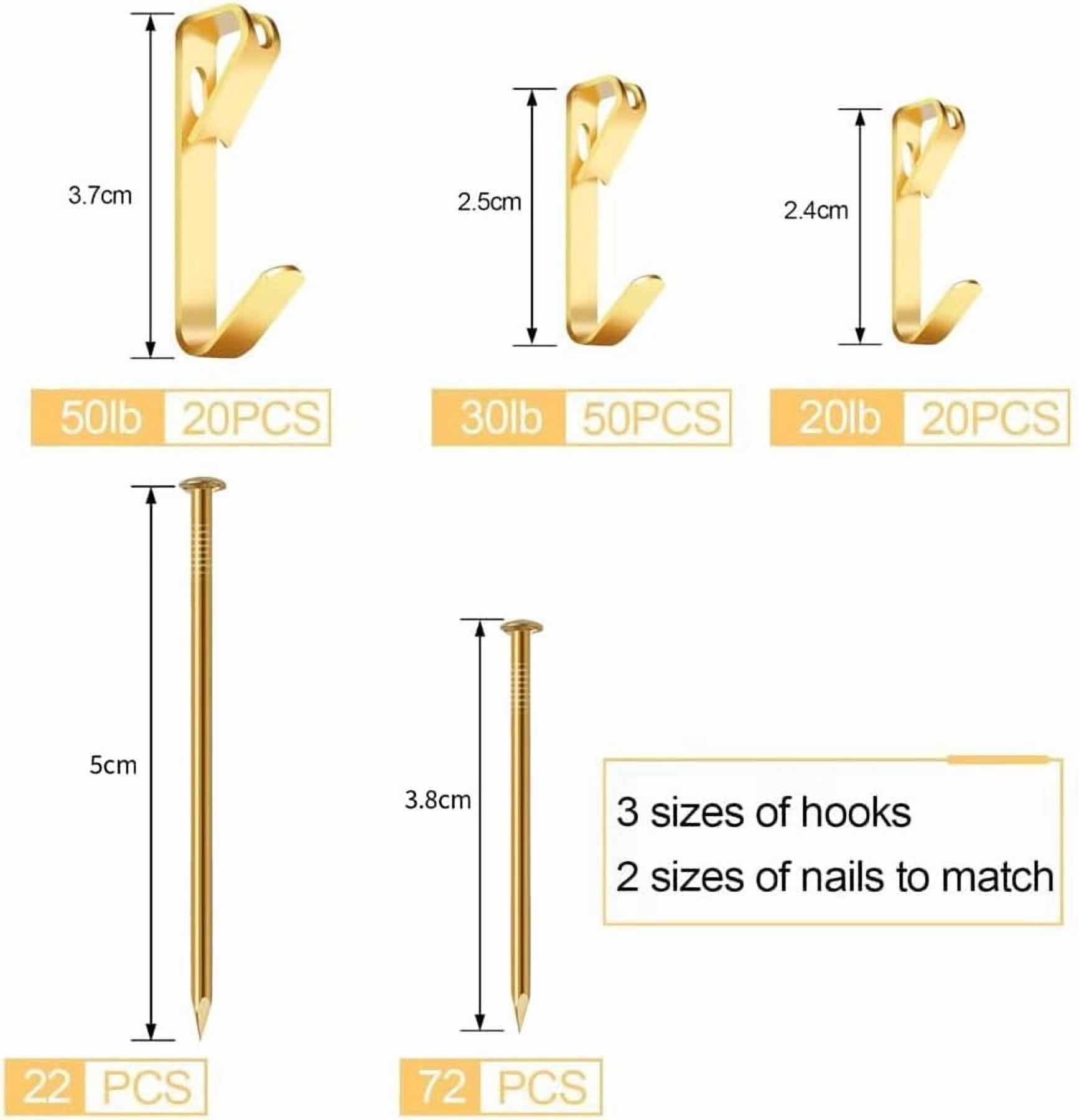 184 Pieces Picture Hanging Kit, 20lb, 30lb, and 50lb Picture Hangers, Metal Picture Hanging Hooks with Nails, on Drywall, Wooden Wall(Gold)