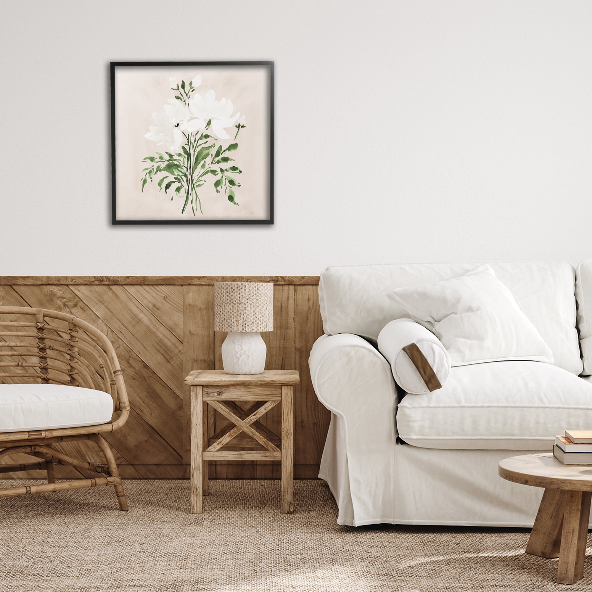 Stupell Industries White On Tan Floral Black Framed Giclee Art, design by Lucille Price