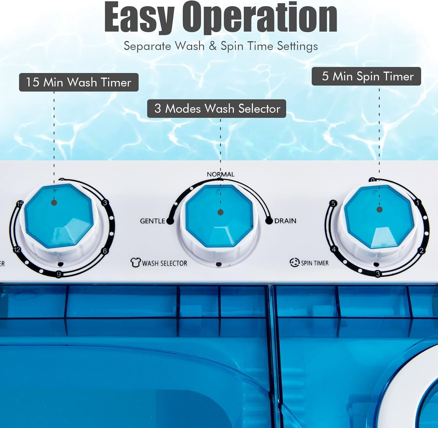 Portable Twin Tub Washing Machine with 26lbs Total Capacity, 18lbs Washer & 8lbs Spinner Combo, Built-in Drain Pump & Timer Knobs for Home Dorm Apartment Use