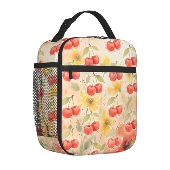 Cherries Lunch Bag Insulated Reusable Cooler Tote Portable Meal Prep Bag Side Mesh Pocket Work Office Picnic