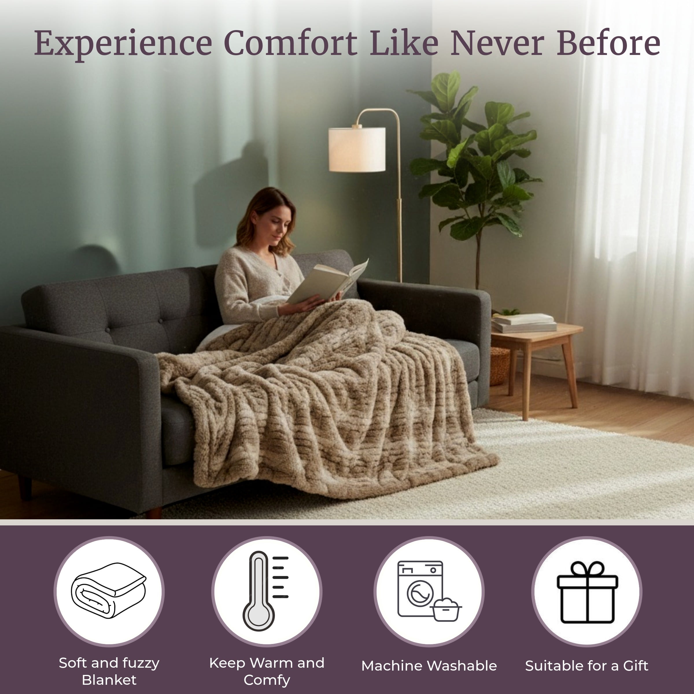 Lavish Home 60x80-Inch Ruched Faux Fur Blanket for Sofas and Beds (Taupe)