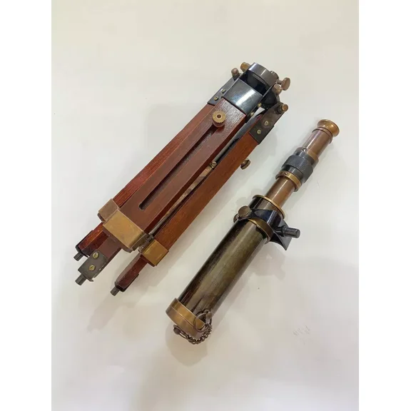 Nautical 10" Antique Vintage Brass Spyglass Telescope With Wooden Tripod Marine