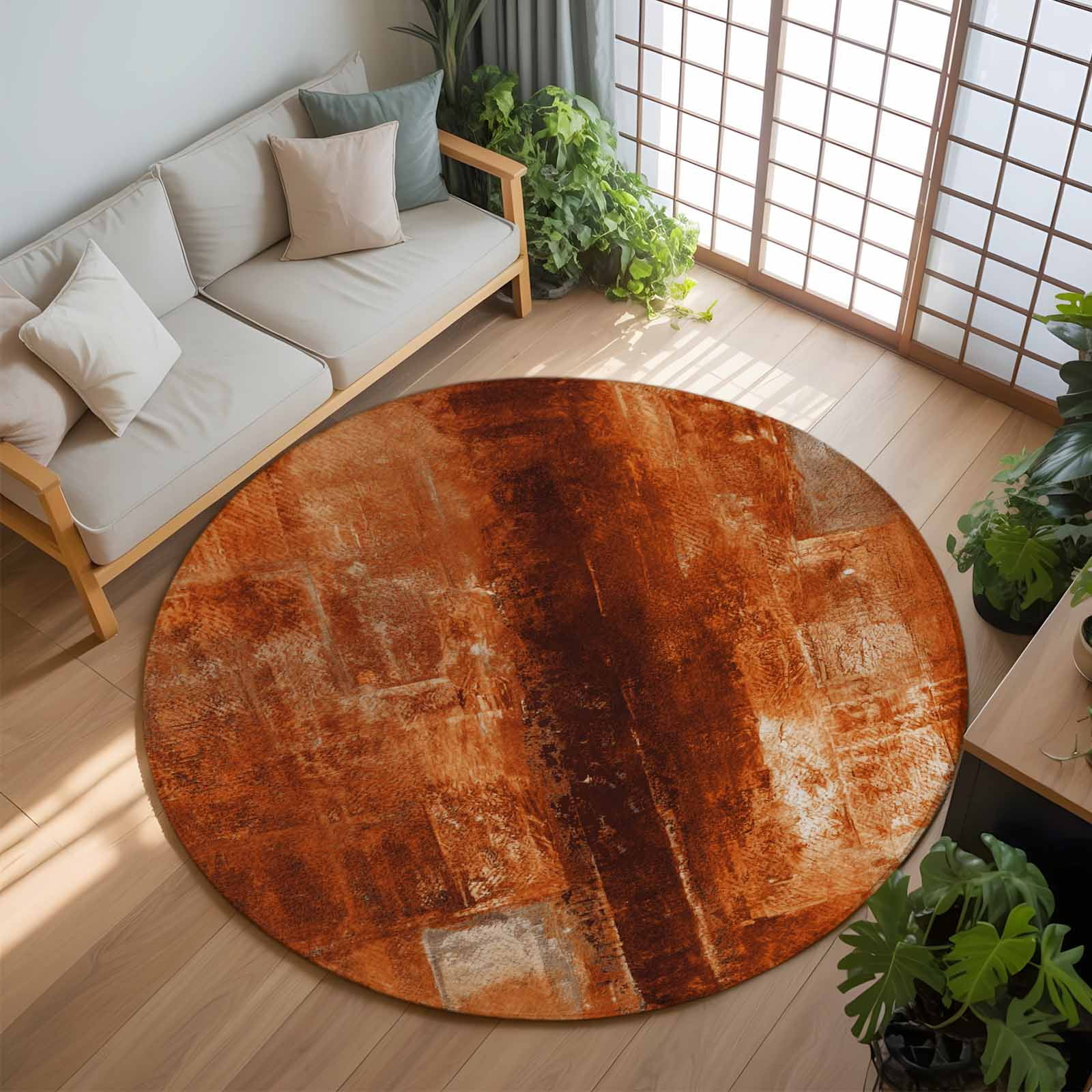 Burnt Orange 8ft Round Rug, Oil Painting Abstract Modern Vintage Non-Skid Rubber Backing Large Area Rugs - Living Room Bedroom Home Office, Indoor Floor Mat Carpets Washable Rug