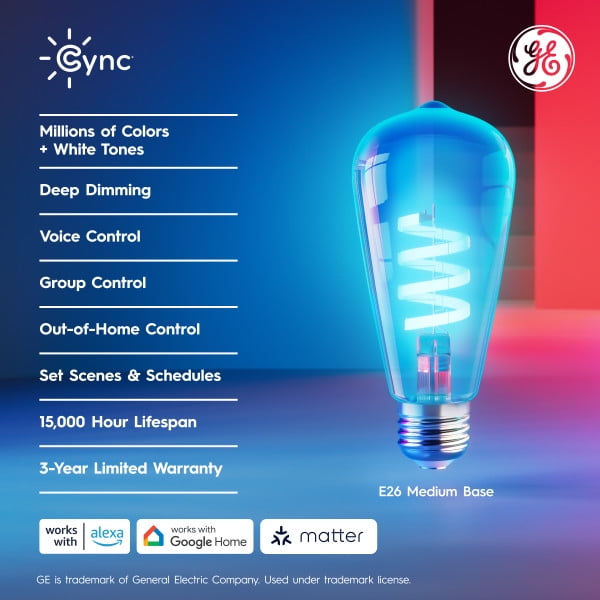 GE Cync Full Color Direct Connect Smart Bulb, 60W Replacement, Bluetooth/Wifi Enabled, Works with Alexa, Google Assistant without Hub (1 pack)