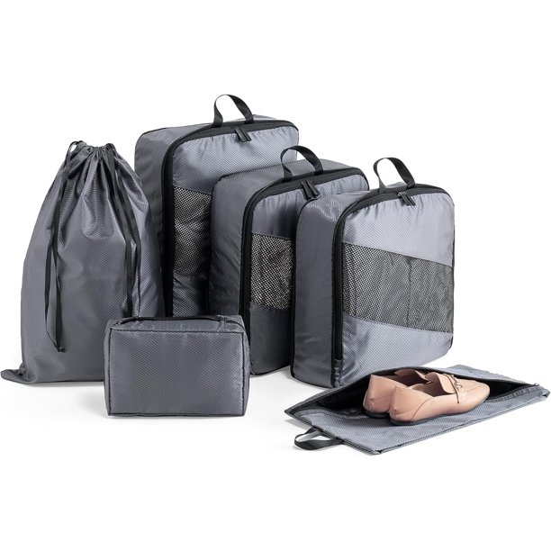 Organizador de Viaje para Maletas Compresión - Set de 6 Bolsas Organizadoras de Viaje - Organizador de Equipaje Impermeable para Ropa, Cosméticos, Zapatos (01 Gris)