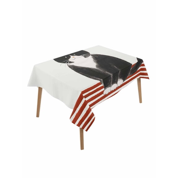 Cute Cats Table Cloth, Waterproof Tablecloth for Rectangle Tables, Modern Abstract Ink Painting Red Striped Reusable Washable Fabric Table Cover for Restaurant Kitchen Dining Tables 52"x70"