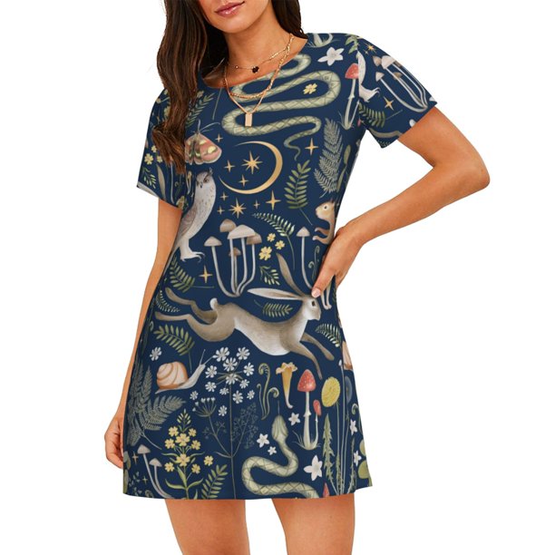 Disketp Retro Forest Animals para Camisón Corto de Manga Corta para Mujeres, Camisón Cómodo con Escote Redondo, Bonito y Confortable