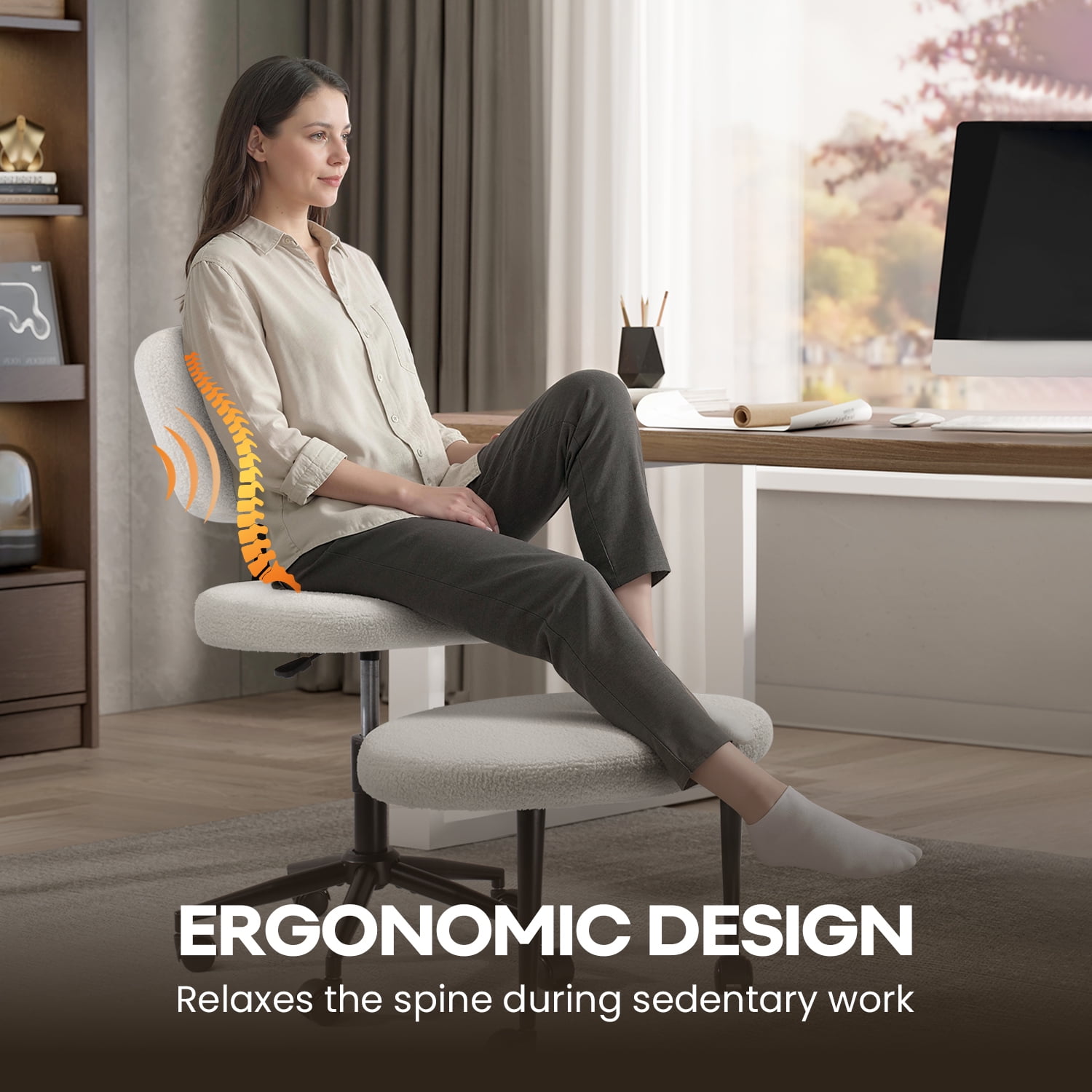 Waleaf Ergonomic Cross Legged Office Chair, Boucle ADHD & Meditation Chair for Adult, Lumbar Support Swivel Wide Seat, Yoga & Kneeling chair