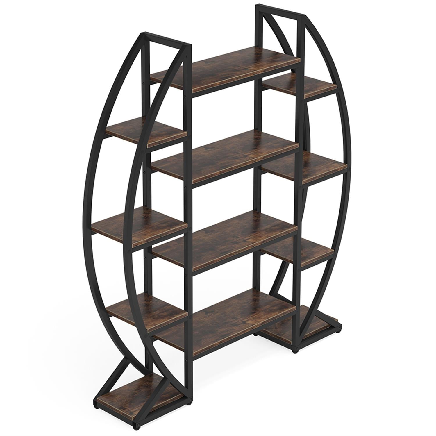 Demi Bonn 4 Tier Oval Bookshelf, Wood and Metal Bookcase Storage Organizer, Triple Wide Display Standing Shelf Unit for Bedroom, Living Room, Brown