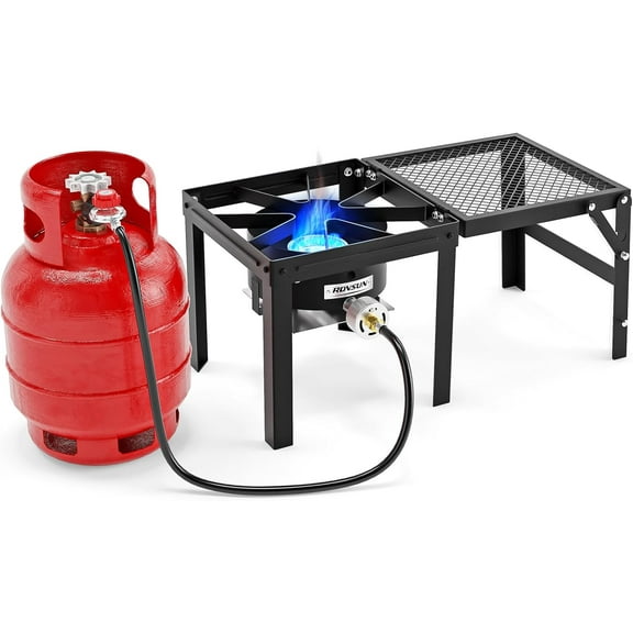 TUFFIOM 100,000 BTU Propane Stove with Foldable Side Shelf, Single Burner Gas Stove for Outdoor Cooking with Regulator, Perfect for Camping, Tailgating, Turkey Frying, Seafood Boiling & Home Brewing