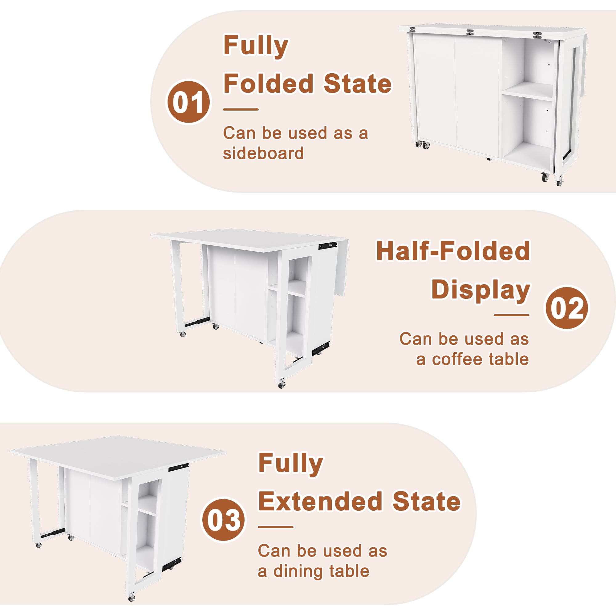 Mintazer 3‑in‑1 Folding Dining Table with 4 Large Storage Shelves & Storage Compartments, Multi‑Mode Convertible Table Cabinet with Lockable Wheels for Small Space Kitchen Apartment, White