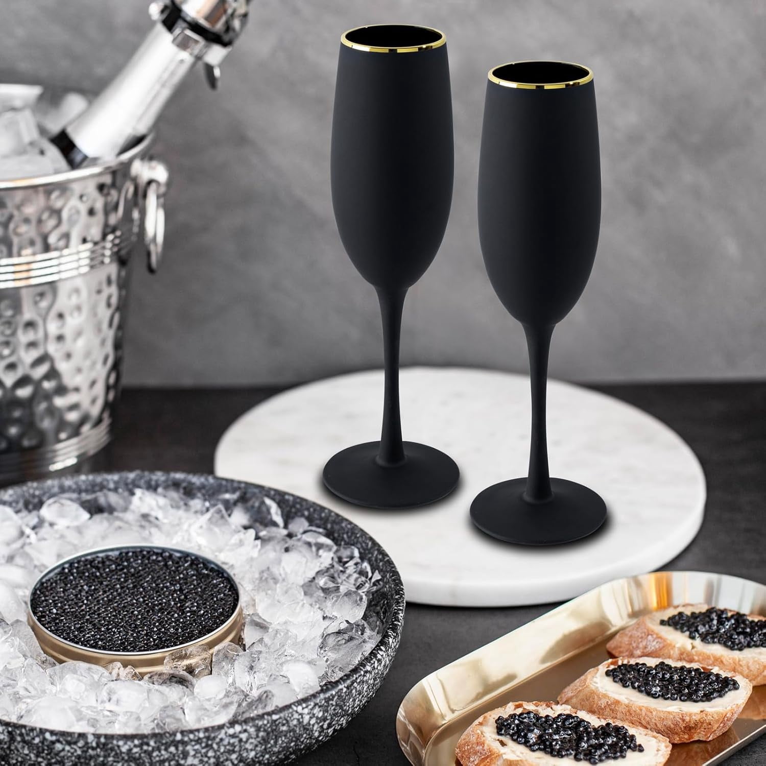 MyGift Set of 4 Black Champagne Flutes 8 oz Modern Stemmed Cocktail Glasses for Mimosas Sparkling Wine Wedding Party New Year Toasting Elegant Barware Gift Set