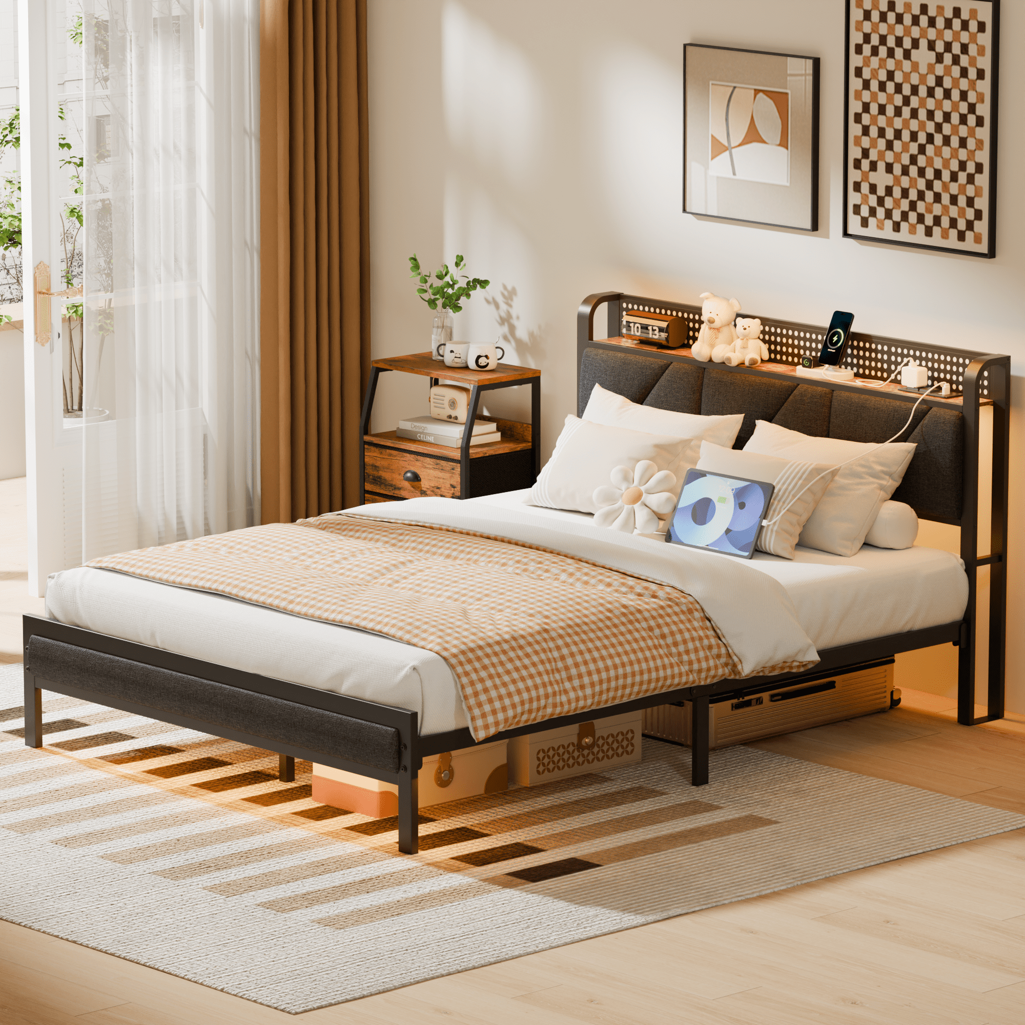 Tydimor Queen Size Metal Smart Bed Frames with Upholstered Headboard, LED Lights, USB Ports and Outlets, Storage Shelves & Underbed