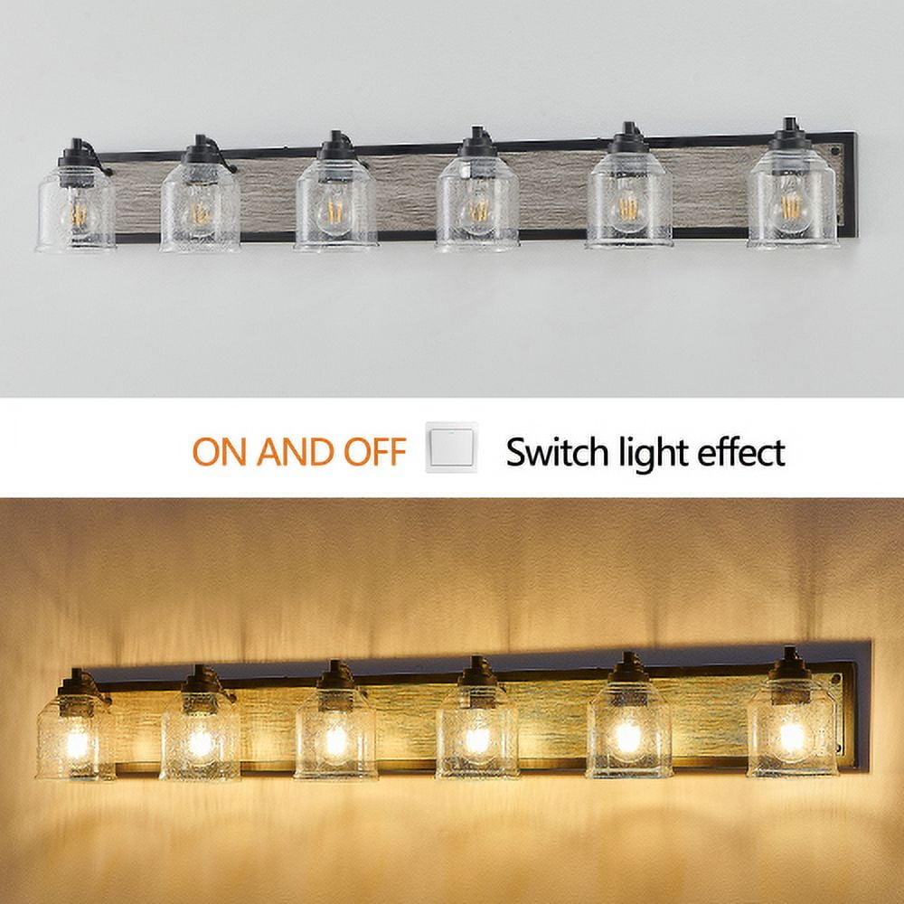 ACE-LIGHTS,6-Light Farmhouse Vanity Light Fixture,Bathroom Wall Sconce(Bulb Not Included) with Clear Seeded Glass Shades,Modern Industrial Design for Bathroom,Bedroom,Entrance,Passage(Black)